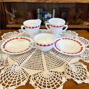 Vintage Shenango China cup and saucer set with a red diamond pattern